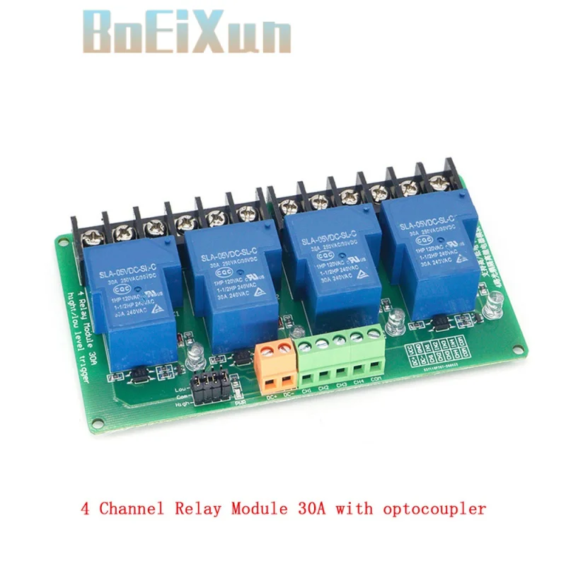 

Four 4 Channel Relay Module 30A with optocoupler isolation 5v 12v 24v Supports High and Low Triger trigger for Smart home