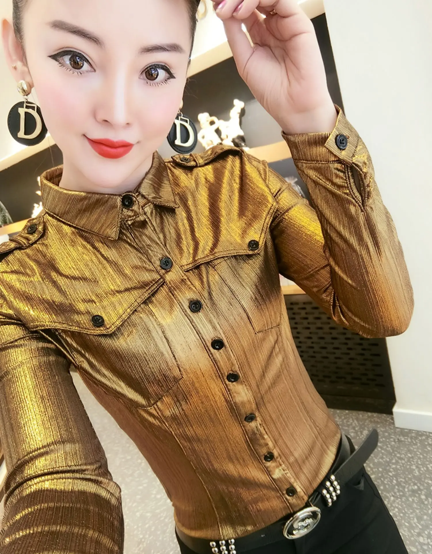 spring women's metallic shirts femme Long Sleeve Shiny shirts lady fake