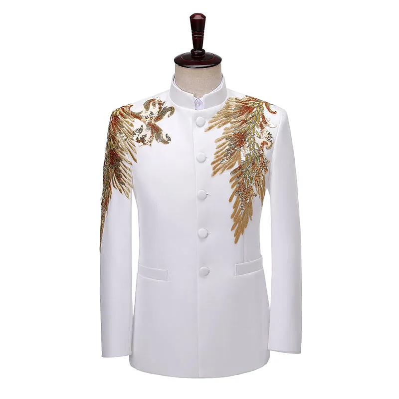 Gold Sequin Patchwork Men Suit Brand Stand Collar Single Breasted Wedding Party Stage Host Zhongshan Blazer And Pant 2 Piece Set