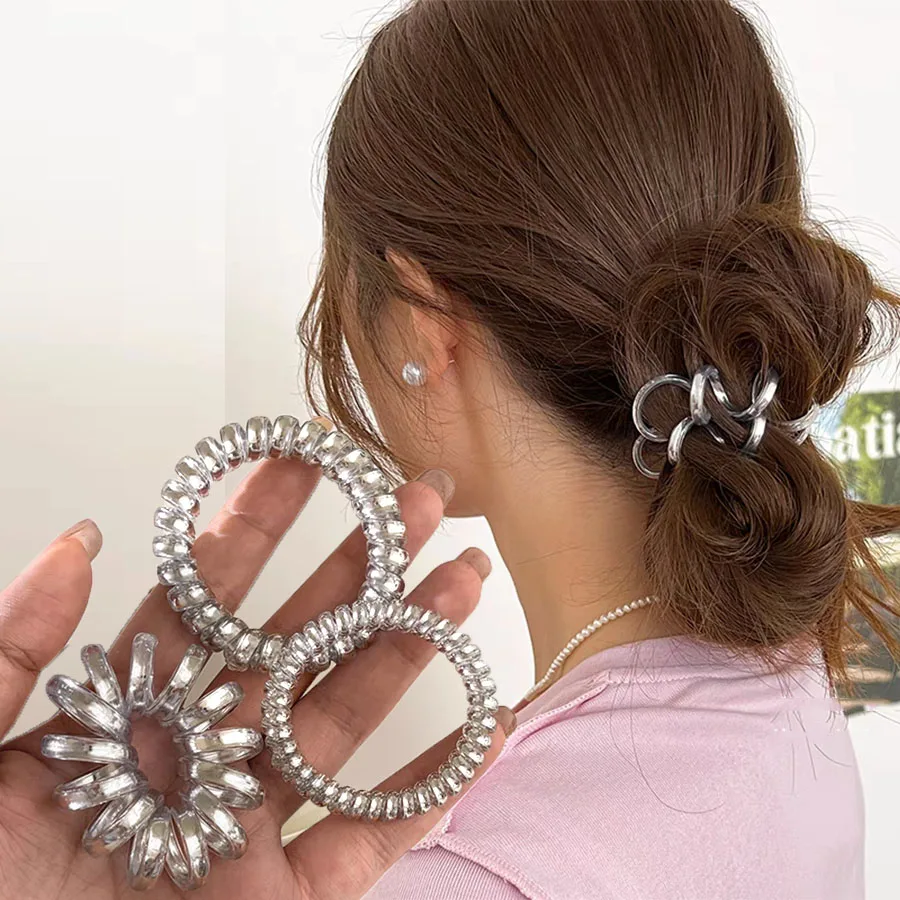 Set di 5 Elastici per Capelli in Stile Europeo e Americano, Argento, a Forma di Cavo Telefonico, per Donne e Ragazze, Accessori per Capelli - immagine 2