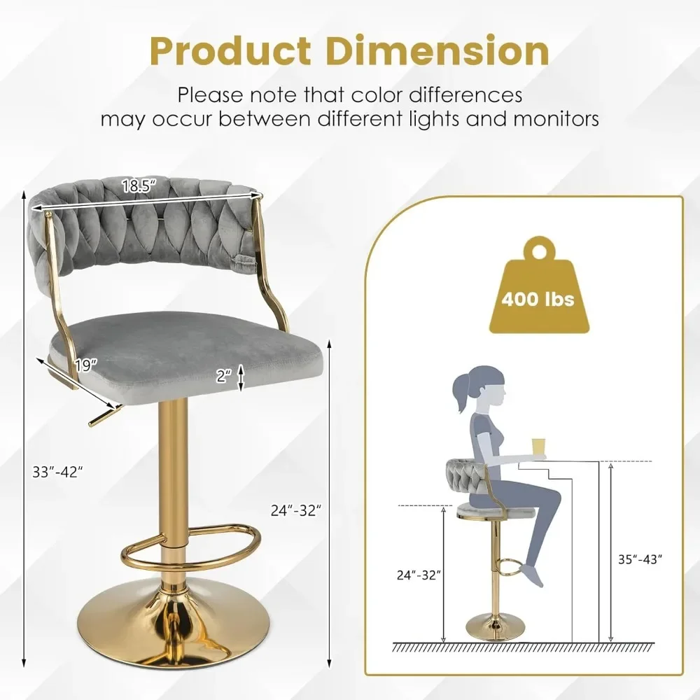 Velvet Adjustable Bar Stools, Max Load 400 Lbs, Modern Upholstered Swivel Barstools with Woven Back