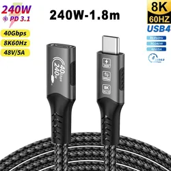 High-Speed USB4 Cable 240W - Ultra-Fast 40Gbps Type C Charging and Data Transfer (M to F  240W 1.8M)