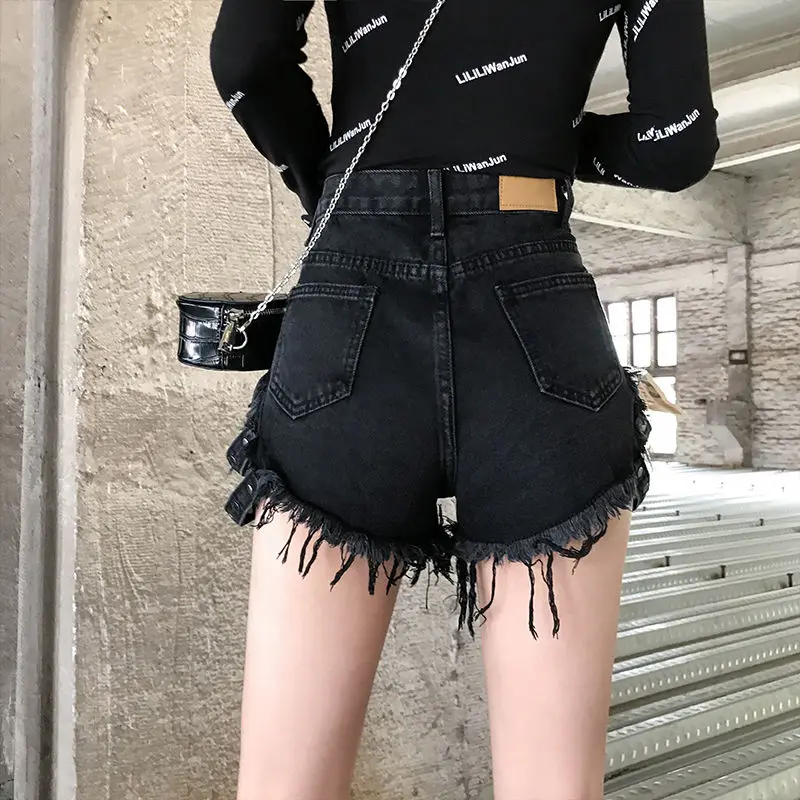 여성용 사이드 스파이크 데님 반바지, 하이 스트리트, 와이드 레그, 얇은 반바지, 하이 웨이스트 청바지, 루즈 홀 패션, Q688