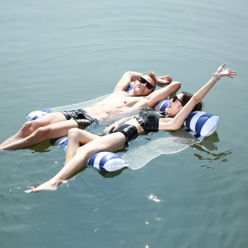 Water Foldable Inflatable Double Floating Row Backrest Striped Water Hammock Floating Play Mesh Recliner Toy Pool Lounge Chair