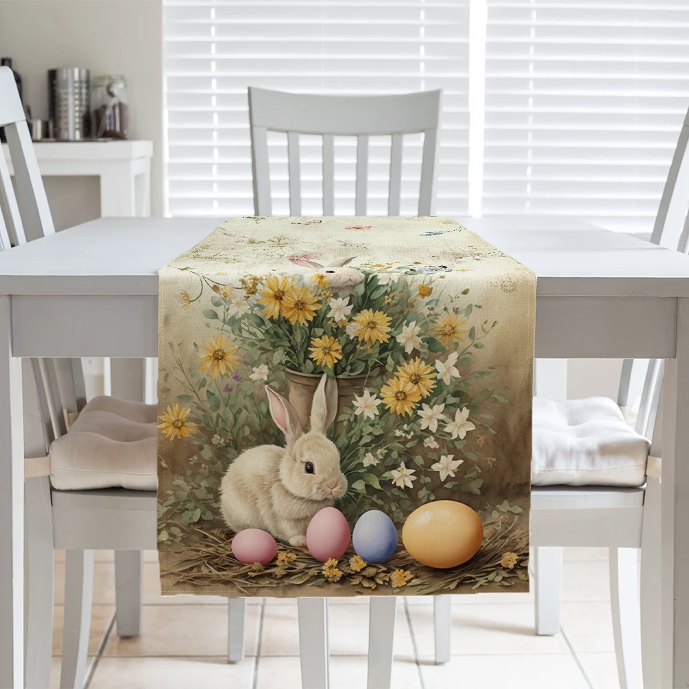 1pc Oil Painting Easter Table Runner Spring Oil Painting Watercolor Retro Bunny Egg Flower Tabletop Decor Party Cabinets Decor 4