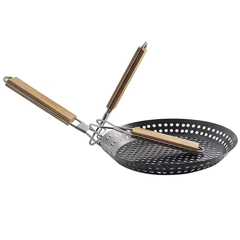 

12 Inch Non-Stick Grill Skillet with Handle Round Shaped Carbon Steel Folding BBQ Basket for Grilling Vegetables Meat Shrimp
