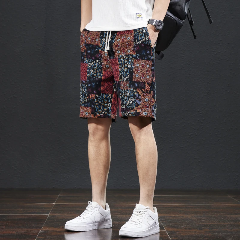 Beach pants men's summer thin ethnic style printed capris, trendy loose, elastic, breathable BOY's shorts