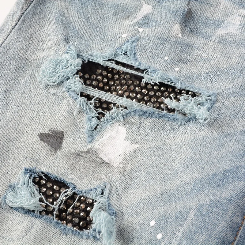 Rhinestones Splashing Ink Patchwork Male Ripped Hole Design Stretchy Jean Hip Hop Style Trouser For Men Pantalon Vaqueros Hombre