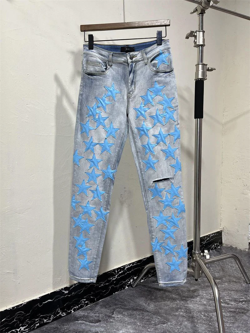 

New Fashion Light Blue Hole Star Patch Knife Cut Starry Patched Men's Jeans High Street Jeans For Men Slim Male Denim Pants 856