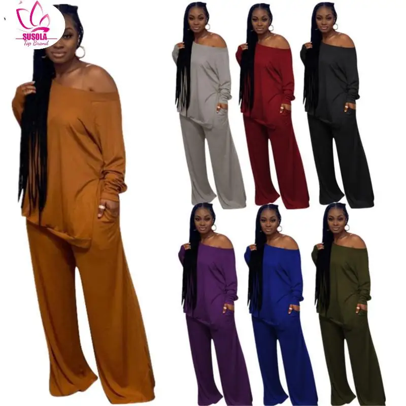 

Женская футболка с одним плечом и длинными рукавами, свободный топ и брюки с широкими штанинами, комплект из двух предметов, Женская однотонная повседневная одежда с высоким разрезом сбоку