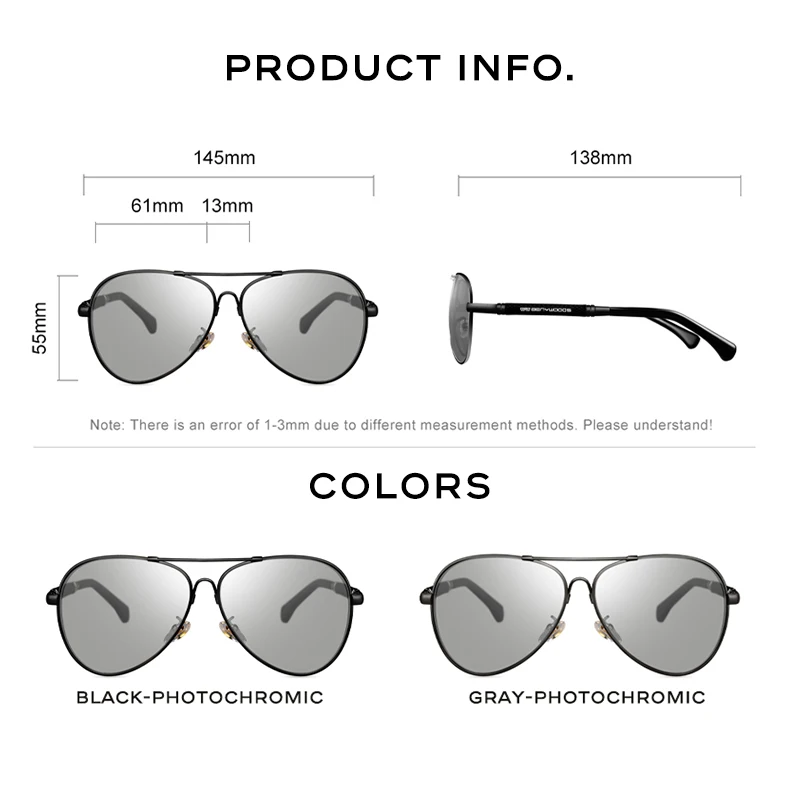 CAPONI Pilot Sunglasses Men Photochromic Gray Men's Sun Glasses Driving  Fishing Polarized Lenses Sun Shades For Male BS9812