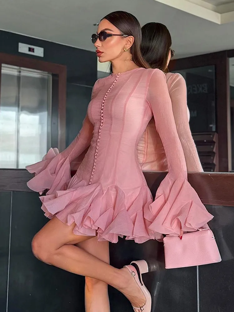 فستان نسائي أنيق غير منتظم بطيات مرقع موضة كم طويل...