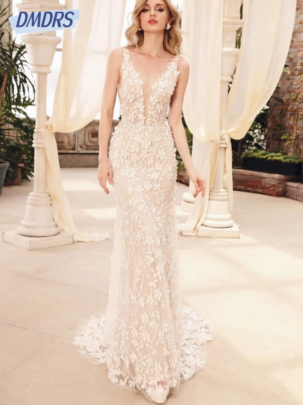 

Vintage Appliques Wedding Dresses Sexy Deep V-neck Mermaid Dress For Bride Elegant Floor-length Bridal Gown Vestido De Novia