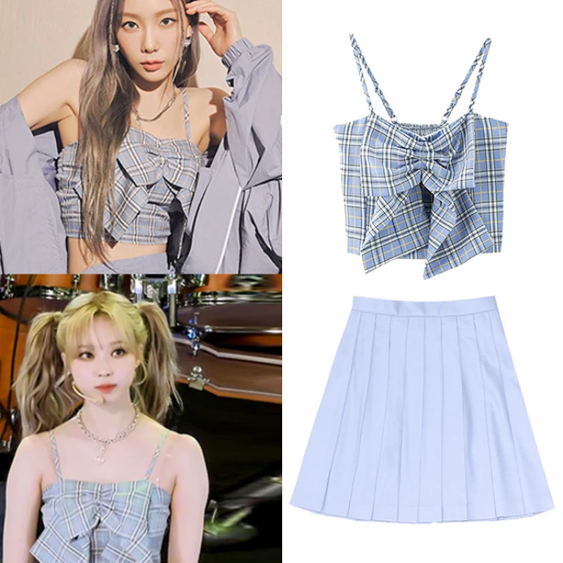 

Kpop Korean Singer Concert Sexy Plaid Sling Vest Crop Tops Pleated Skirt Women Jazz Dance Costumes Stage Performance Outfits