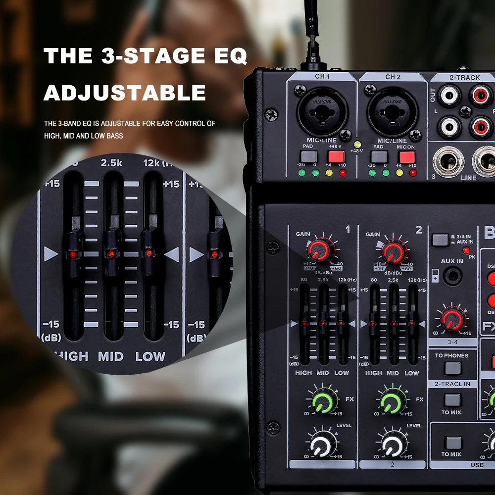 Audio mixer 24DSP 4 Channel metal Sound console USB interface With 2Channel UHF Wireless DJ karaoke microphone for Recording PC