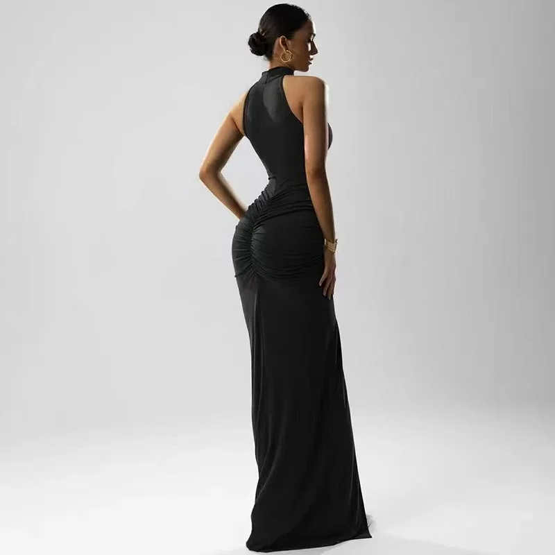 New Women's Sleeveless Half Turtleneck Dress Stylish Elegant Slit Skirt Sexy Off-the-Shoulder Slim Solid Color Evening Dress