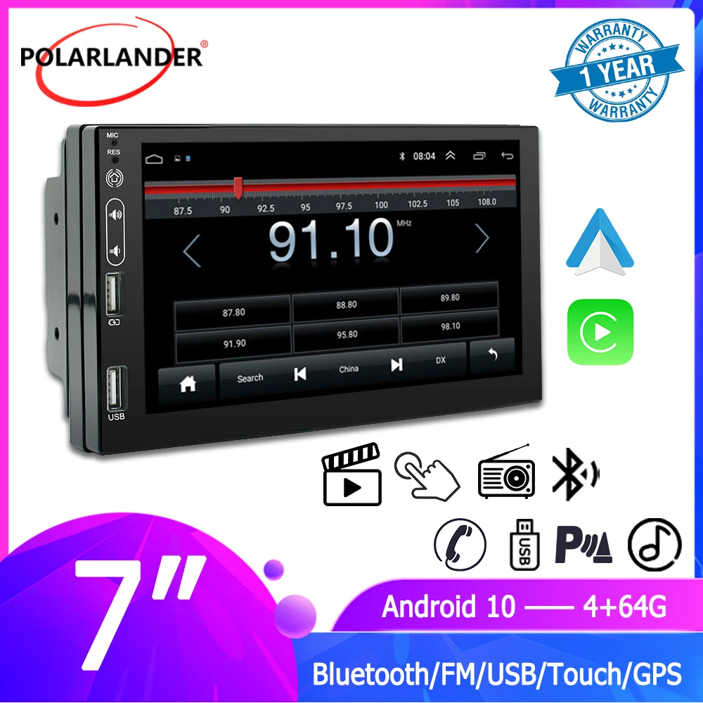 Car Multimedia Player WIFI+4G Android 10 Carplay, Android Auto 7 Inch Car Stereo GPS 4 Cores Universal 2 Din 10.0 4+64G
