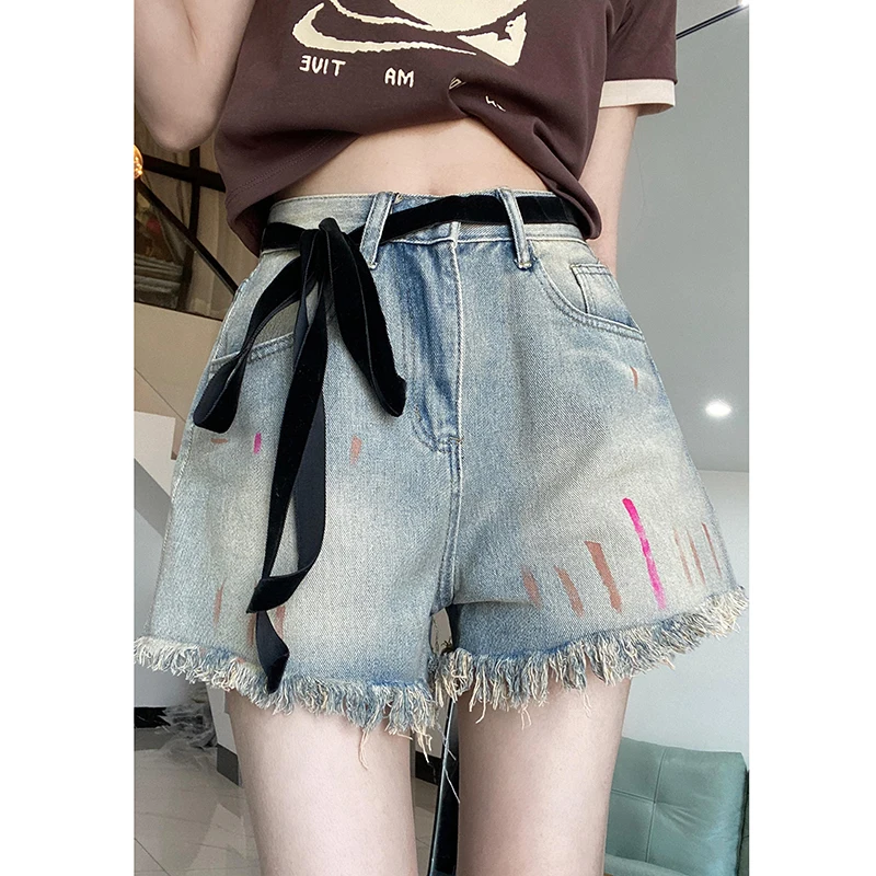 

Sexy Tethered Whiskers Denim Shorts Women Summer New Design Sense Vintage Niche Jeans Loose Casual Versatile Short Jeans Female