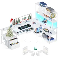 79 inch L Shaped Desk with File Drawers, Reversible L Shaped Gaming Desk with Power Outlets & LED Lights, Computer Desk White 1