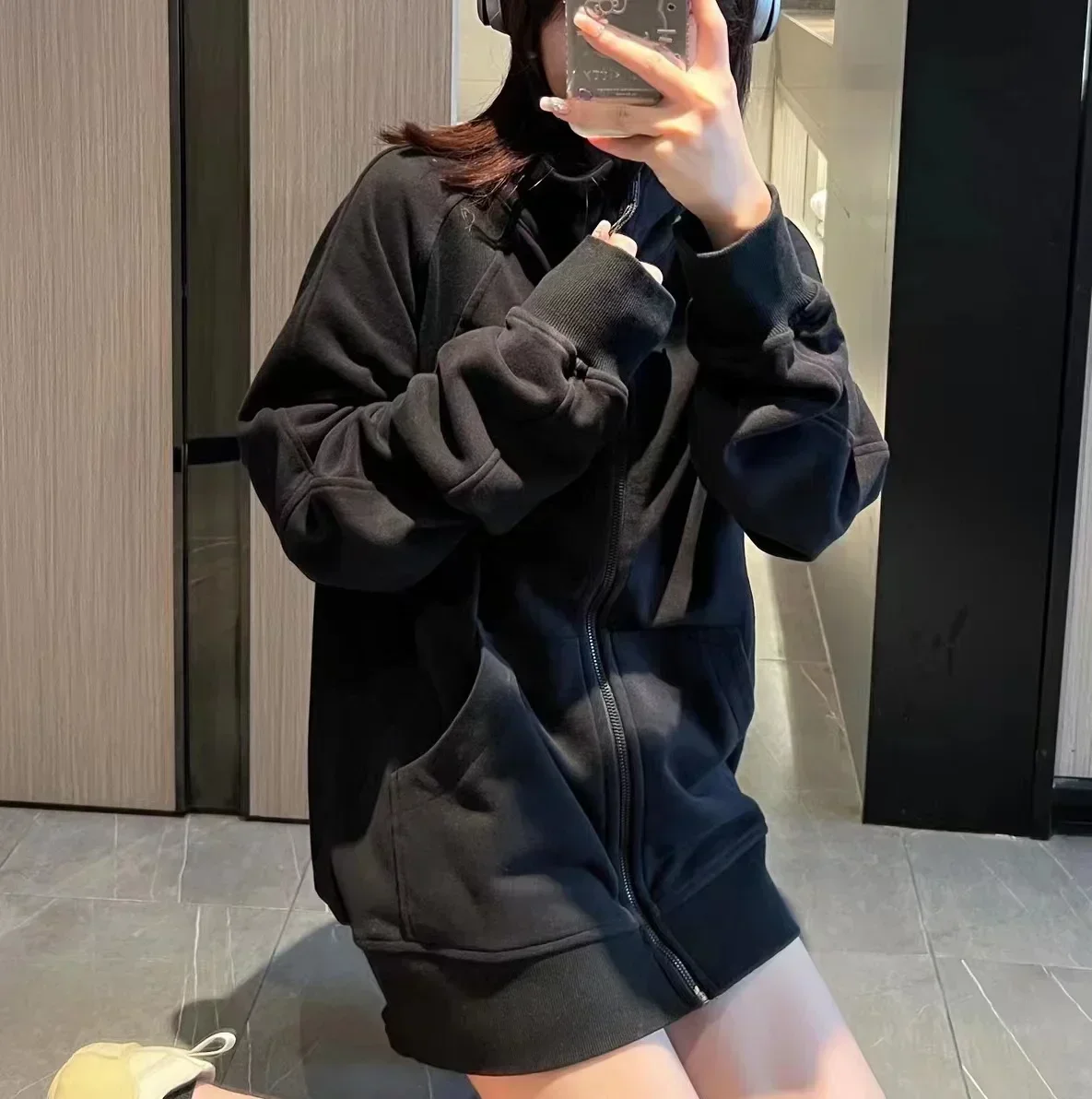 

Embroidered Scuba Oversized Long Full -Zip Hoodie Warmth Running Jacket Without Fleece Sport Casual Waist Length Sweatshirt