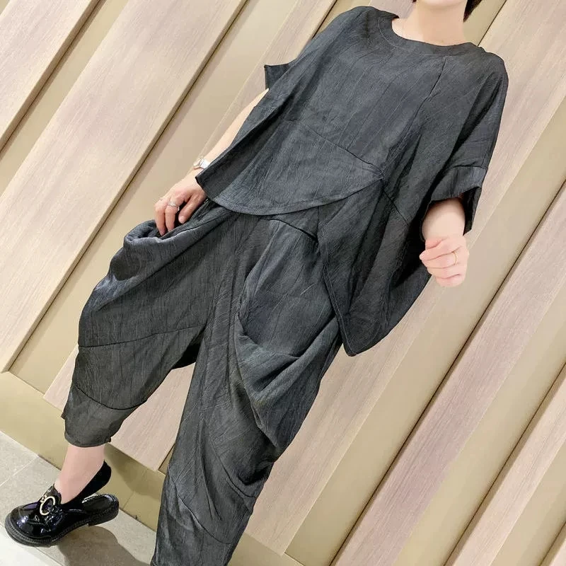 Loose Ramie Set For Women Large Size With Bat Sleeves V-neck Cotton Linen T-shirt Casual Lantern Pants Two-Piece Set For Summer