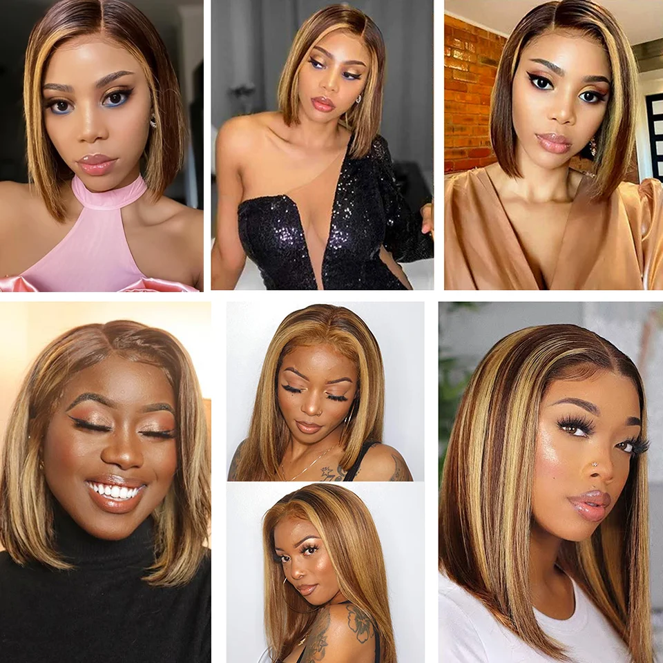 Human Hair Wigs Transparent Lace Wig With Baby Hair Remy 13x4 Lace Wig 16Inch For Women Bob Wigs Pre Plucked Bleached Knots