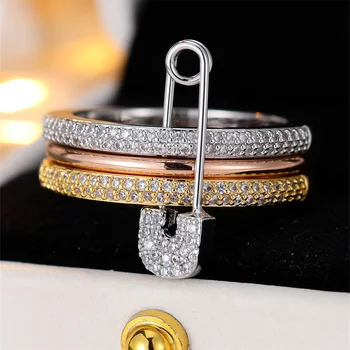 Creative Pin Trendy White Zircon Rings Sets For Women Rose Gold Silver Color Engagement Bands Wedding Jewelry Set Versatile Gift