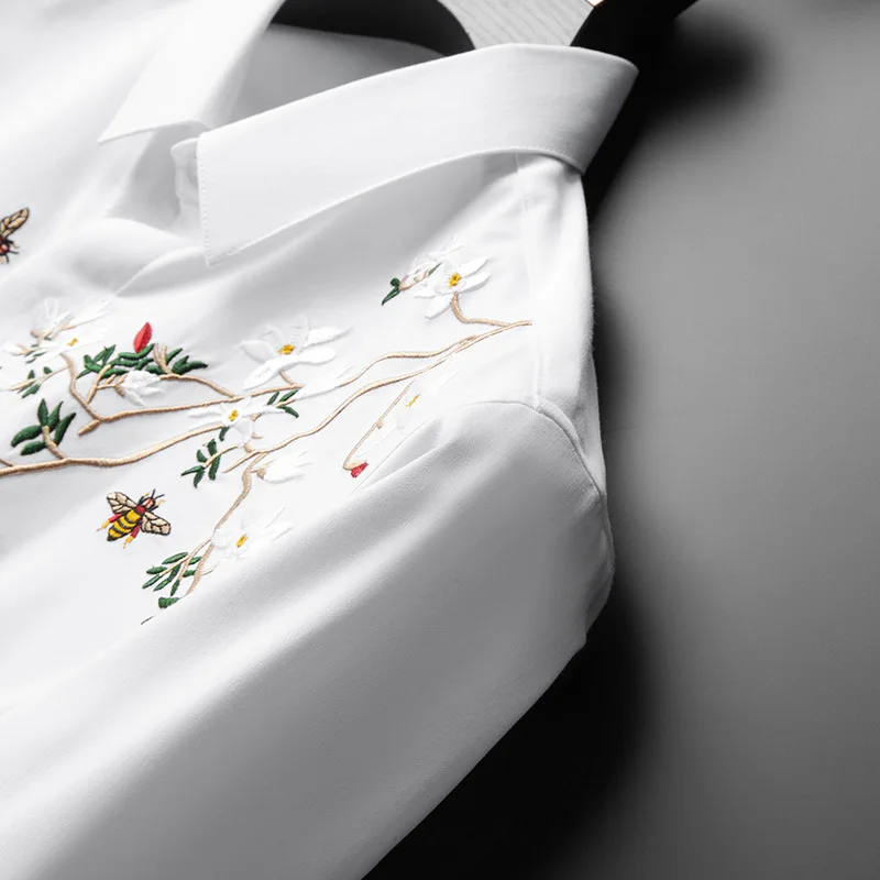 Mens Dress Shirt Flower And Bird Embroidered Luxury Men's Long Sleeve Spring And Autumn Slim Fit Anti Wrinkle Trend Evening Dress Top