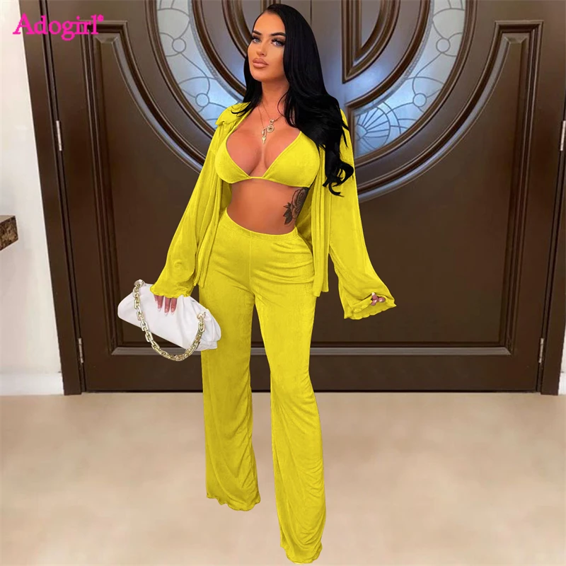 

Adogirl Velvet 3 Piece Set Women Solid Autumn Winter Tracksuit Lace Up Bra Long Sleeve Shirt Cardigan Wide Leg Pants Casual Suit