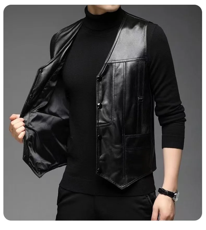 Spring Autumn Winter Warm Men Genuine Leather Sheepskin V-Neck Waistcoat Male Dress Vests Hommes Casual Sleeveless Formal