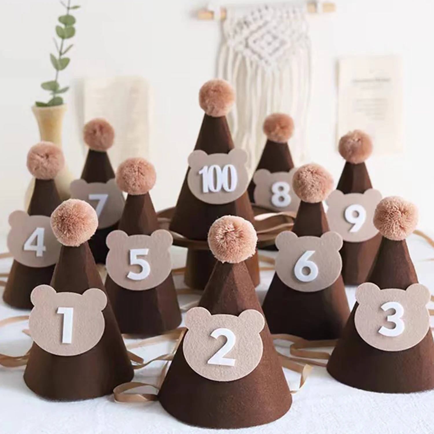 Birthday Hat Kids Brown Coffee Bear Hat 1st 2nd 3rd Year Old Baby Cap The First One 2 3 Year Birthday Party Supplies Photo Props party hat