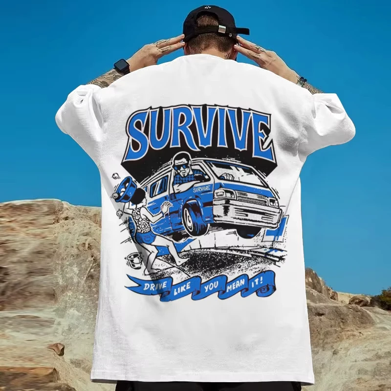 Summer T-Shirts For Men American Car Print Casual Short Sleeve Men's T Shirt Dustproof Retro Tops Clothing Harajuku Streetwear