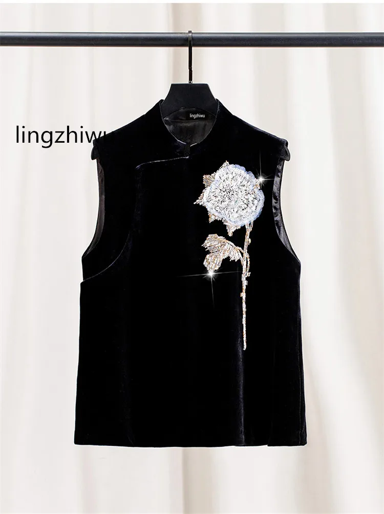 

lingzhiwu Silk Velvet Top Handmade Sequins Flower Beading Chinese Style Female Tank Tops Outerwear New Arrive