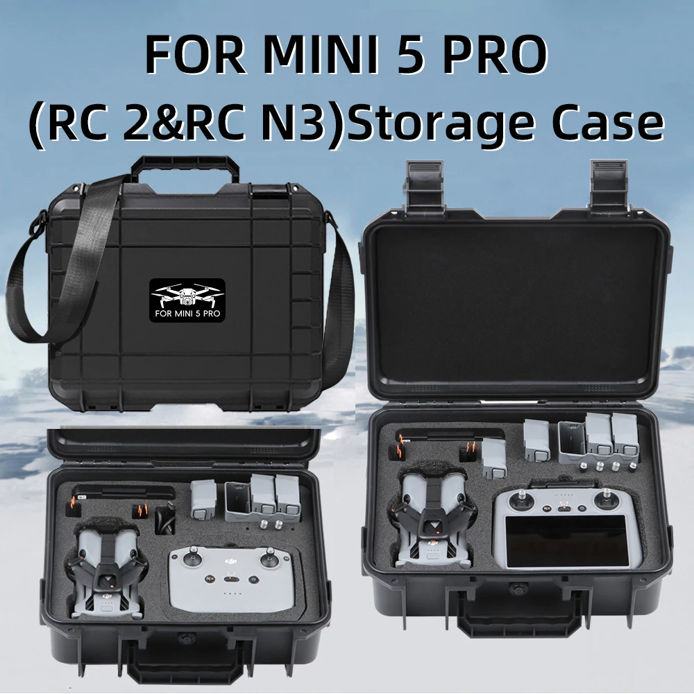 Vue latérale de l'étui rigide pour DJI Mini 5 Pro avec mousse intérieure découpée et fermeture éclair renforcée.