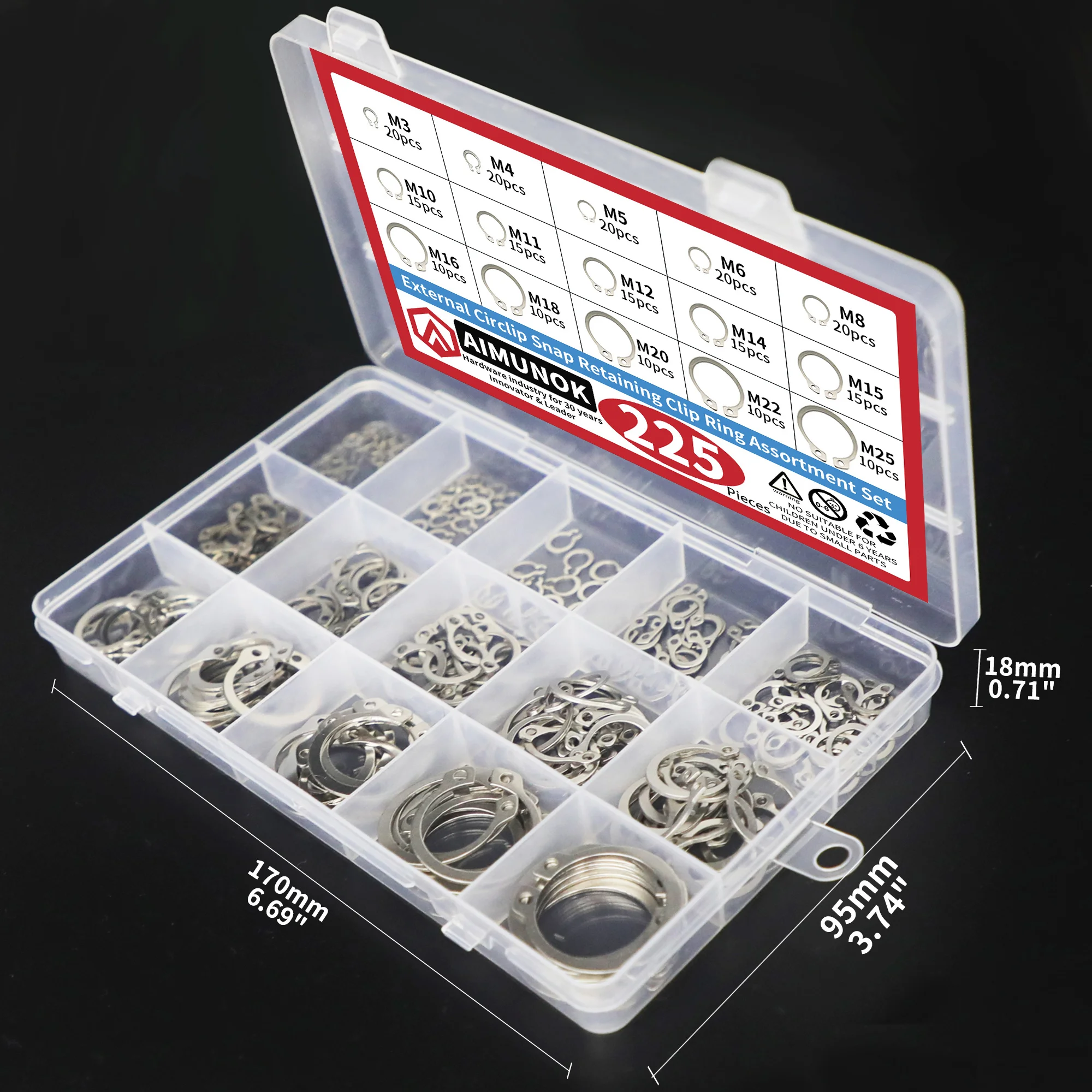 External Retaining Rings Snap Rings Assortment kit 225PCS 304 Stainless Steel External Circlip Snap Retaining C-Clips R