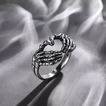 Vintage Punk Skull Hand with Heart-Shaped Ring for Men Women Hip Hop Gothic Skeleton Hand Ring Accessories Jewelry Gifts 1