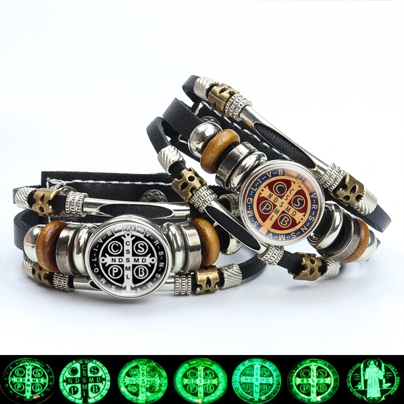 Leather Bracelet Luminous Saint Benedict Medallion Leather Bracelet Catholic San Benito Glass Cabochon Snap Button Bangles Multilayer Wristband