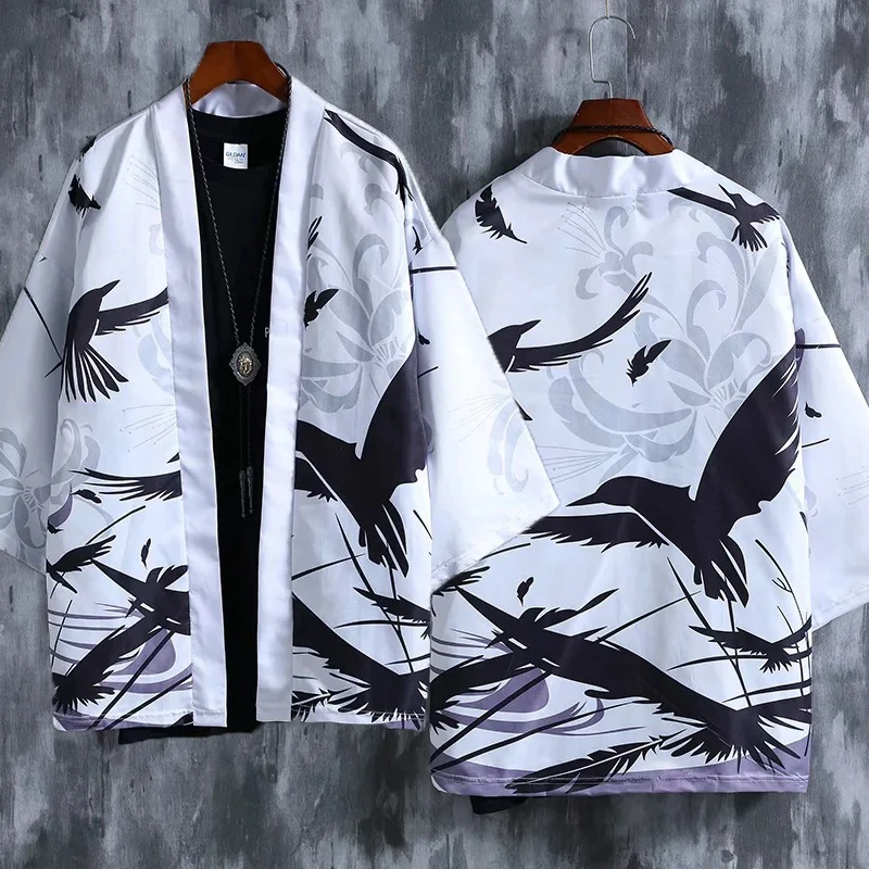 Men's Women's Kimono Cardigan Jacket Print Crow Kimono Haori Yukata Japanese Shirt Samurai Clothes Plus Size Men Clothing