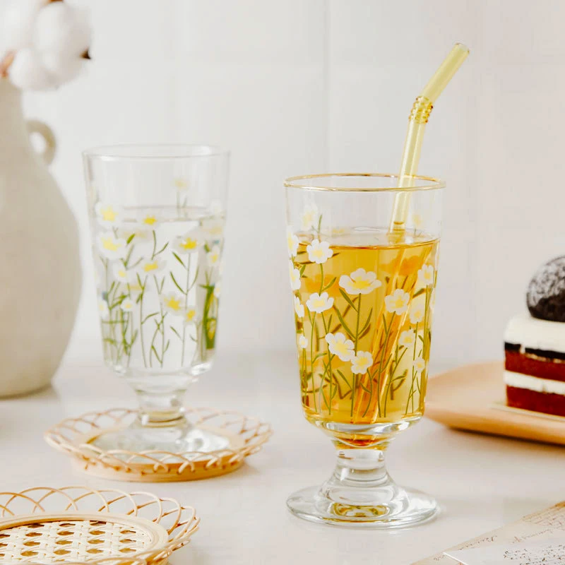 JINYOUJIA-Korean Decal Glass Cup, Daisy Tulip Gold Edge, Juice Water Cups,  Retro Wine Goblet, High-grade Kitchen Drinkware