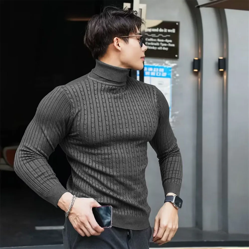 New Men's Turtleneck Sweaters Autumn Knitted Striped Streetwear Warm Long Sleeved Pullover Solid Color Basic Style Casual Tops 3