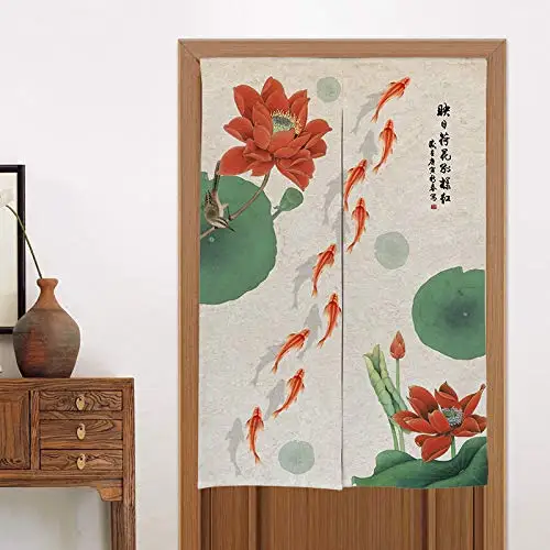 Chinese Ink Koi Fish Print Japanese Noren Doorway Split Curtains Kitchen Entrance Hanging Curtain Door Decoration Linen Curtains 2