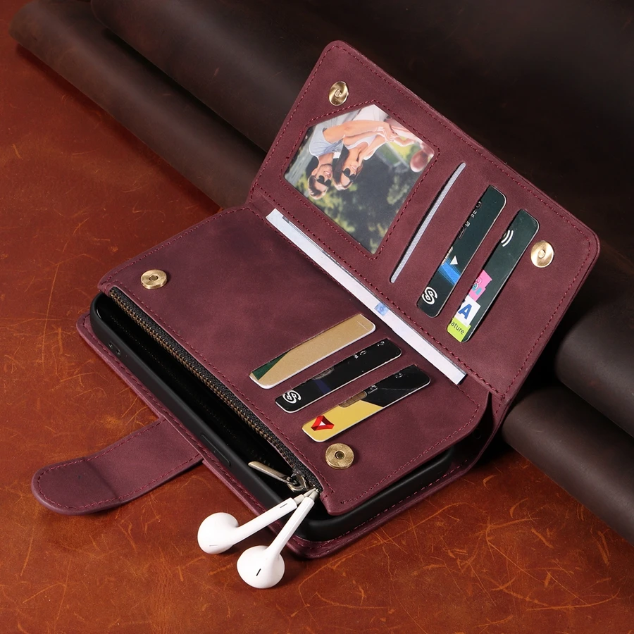 Étui Portefeuille Bandoulière Avec Fermeture éclair - Pour IPhone 11 à 17 Pro Max - Cuir PU Multifonction