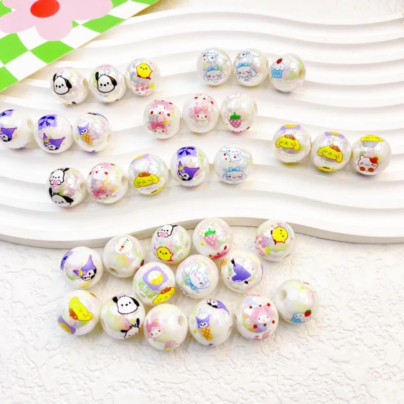 

10Pcs Sanrio Hellokitty Mymelody Kuromi Pompom Purin Straight Hole Round Bead Diy Mobile Phone Chain Bead Material Accessories