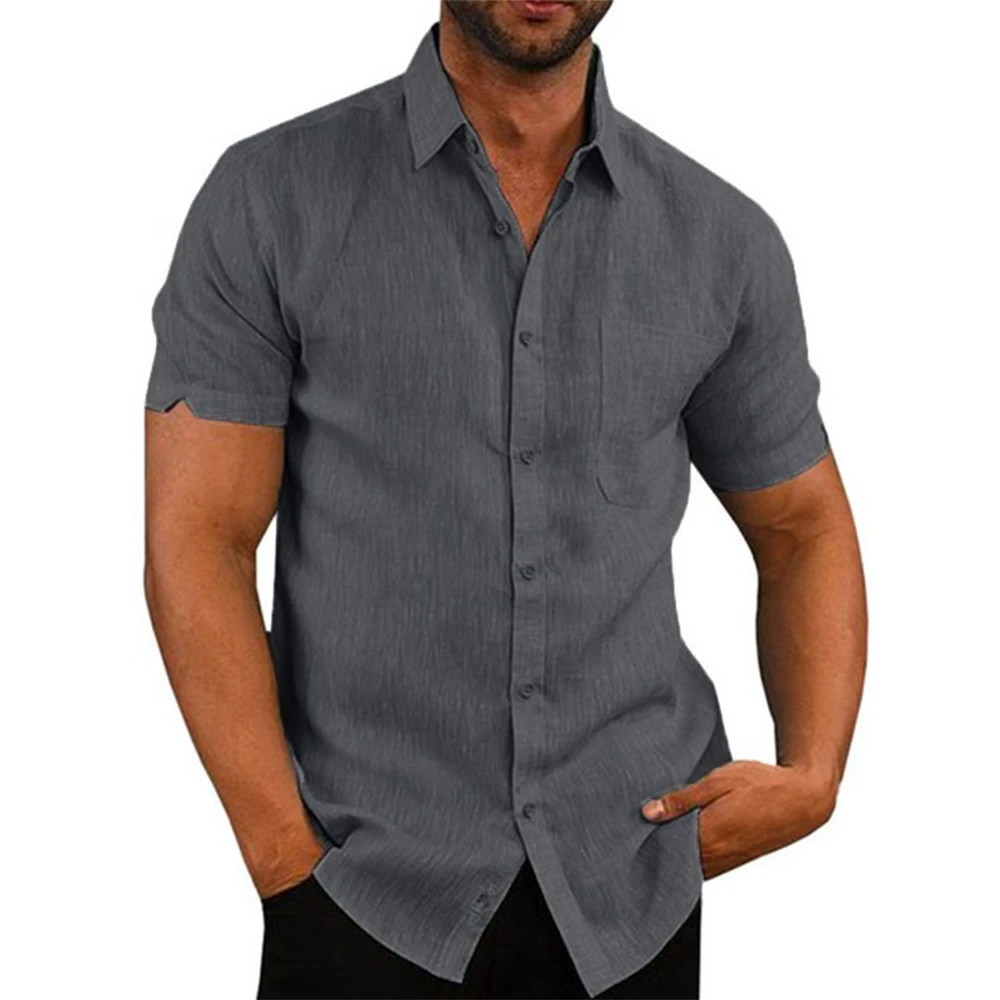 Cotton Line Men's Short-Sleeved Shirts Summer Solid Color Turn-down collar Casual Beach Style Plus Size Cotton Shirt Men Casual Shirt