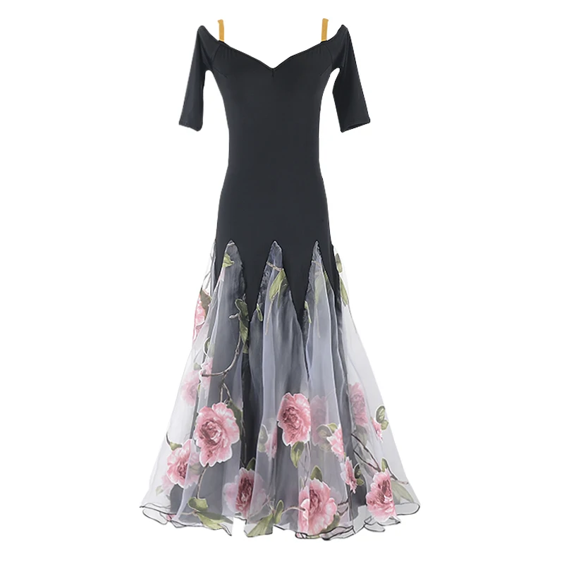 

Modern Dance Autumn And Winter Suspender Backless Standard Tango Performance Dress Red And Gray Patterned Large Swing Skirt