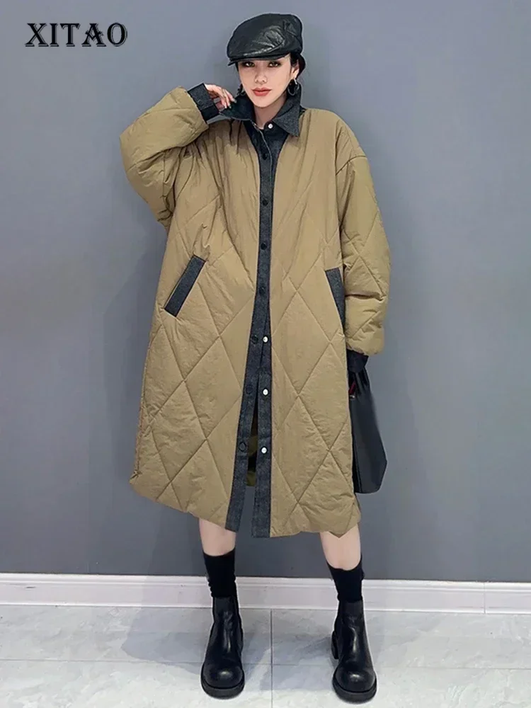 

XITAO Patchwork Turn Down Collar Parkas Temperament Casual Loose Fashion Single Breasted Autumn Women New Parkas HQQ1788