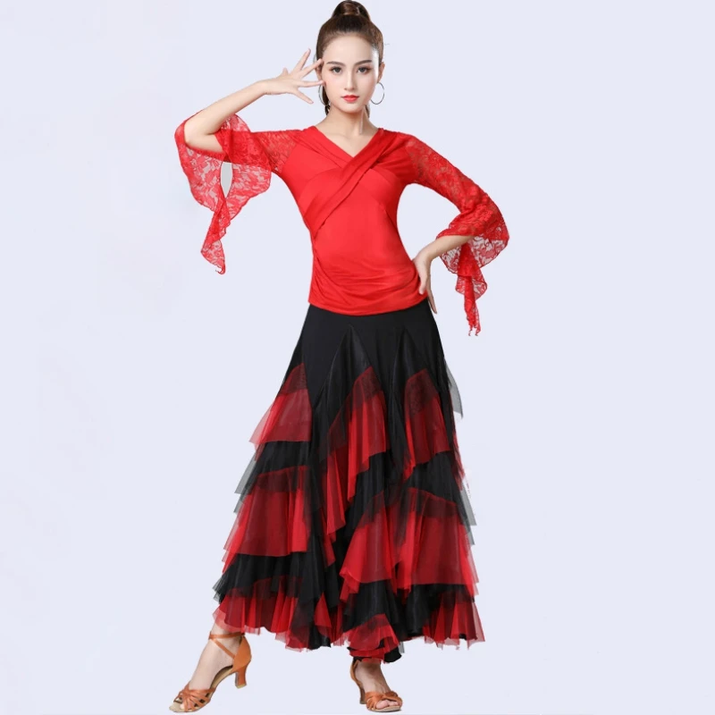New Women's Modern Ballroom Dance Big Swing Skirt Elegant Satin Multi-Layer Color Matching Waltz Tango Latin Dancedress