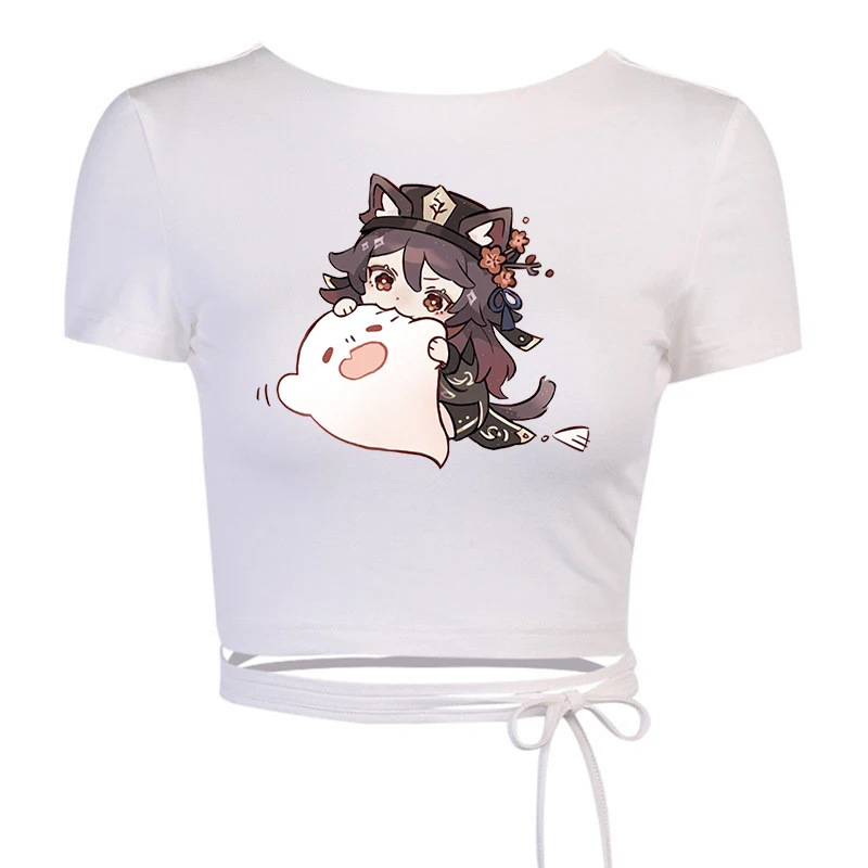 

Bandage Backless White T Shirt Genshin Impact print Crop Top Women Y2k Aesthetic Clothes Fashion Kawaii Short Sleeve Tshirts