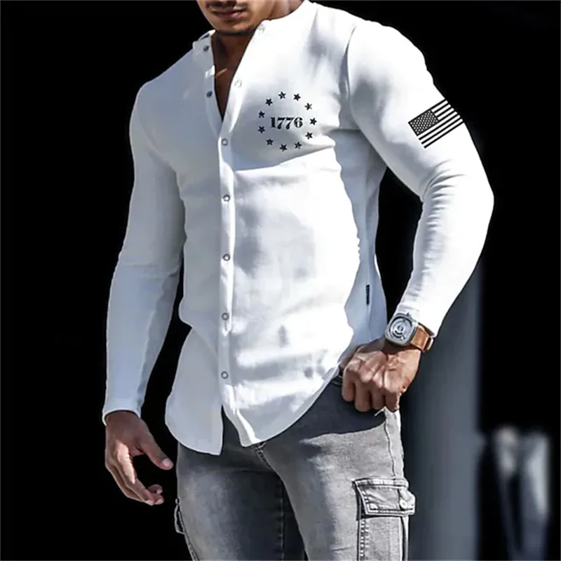 Lapel men's casual sports room muscle shirt outdoor street long-sleeved button top 2023 latest fashion simple 1776