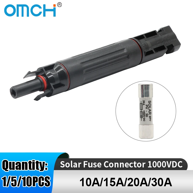 OMCH 1/5/10 Stück Solar-PV-Sicherungsstecker IP67 Wasserdichter Sicherungshalter 1000VDC mit Sicherung 10A/15A/20A/30A für Solarstromsysteme